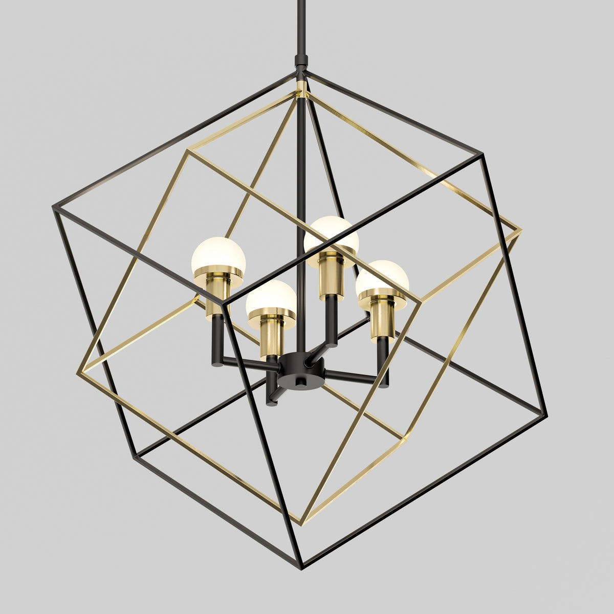Modern geometric chandelier with black and gold square wire frames and four round white bulb lights, suspended from a ceiling against a plain light gray background.
