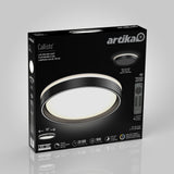 Black box packaging for Artika Callisto LED ceiling light, showing a round ceiling fixture, remote control, and features like adjustable color temperature, dimmable light, 50,000-hour lifespan, and 1800 lumens.