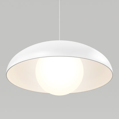 The Artika Boden LED modern mid-century pendant light 3 CCT, with its dome-shaped white design, hangs from the ceiling against a plain gray background, glowing brightly at the center.