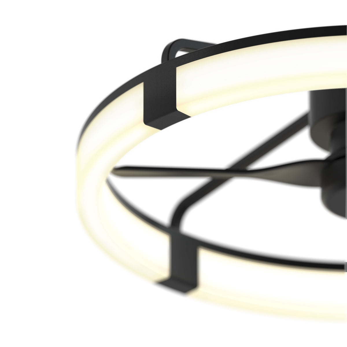Close-up of a modern circular ceiling light fixture with a black metal frame and integrated LED light ring, photographed against a white background.