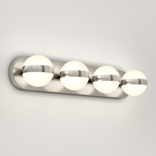 The Artika Baldric LED modern bathroom vanity light features 3 CCT, brushed accents, and four frosted glass bulbs—ideal for mirrors.