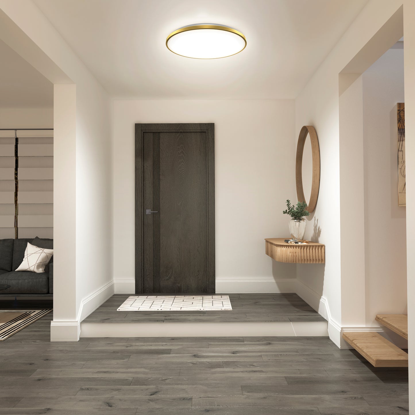 Modern, minimalist entryway with a dark wooden door, light walls, gray wood flooring, and a floating console topped with a round mirror and potted plant. The space features Artikas Europa 21 in. LED modern flush mount light with remote on the ceiling.