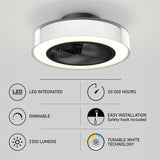 Modern ceiling light with a round, pleated design and illuminated edge. Features highlighted below include LED integration, 50,000-hour lifespan, dimmability, 2300 lumens, easy installation, and tunable white technology.