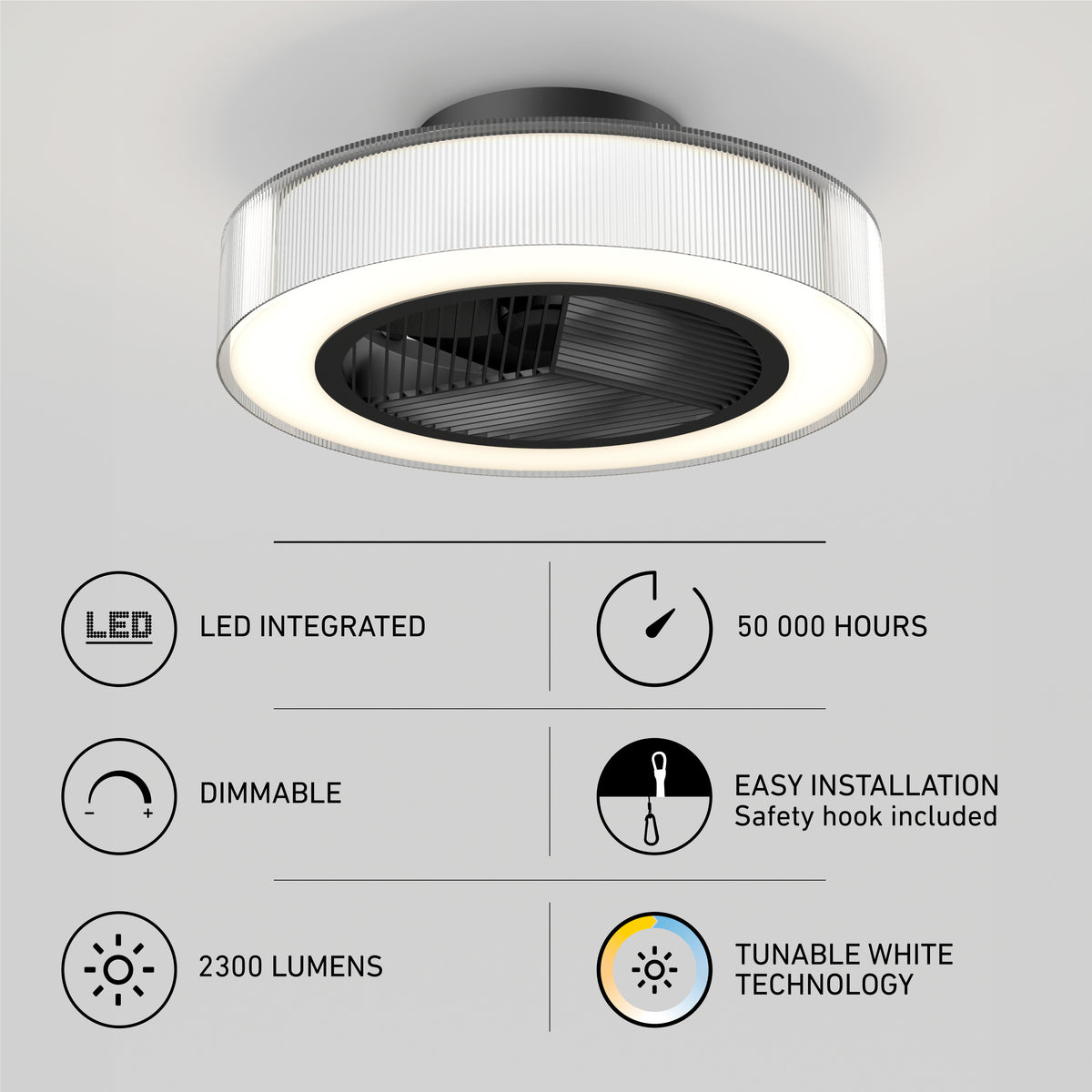 Artika Groove 20 in. LED modern ceiling fan features a circular LED design, 3 speeds, remote control, integrated LED (50,000-hour lifespan), dimmable tunable white light (2300 lumens), and easy installation.