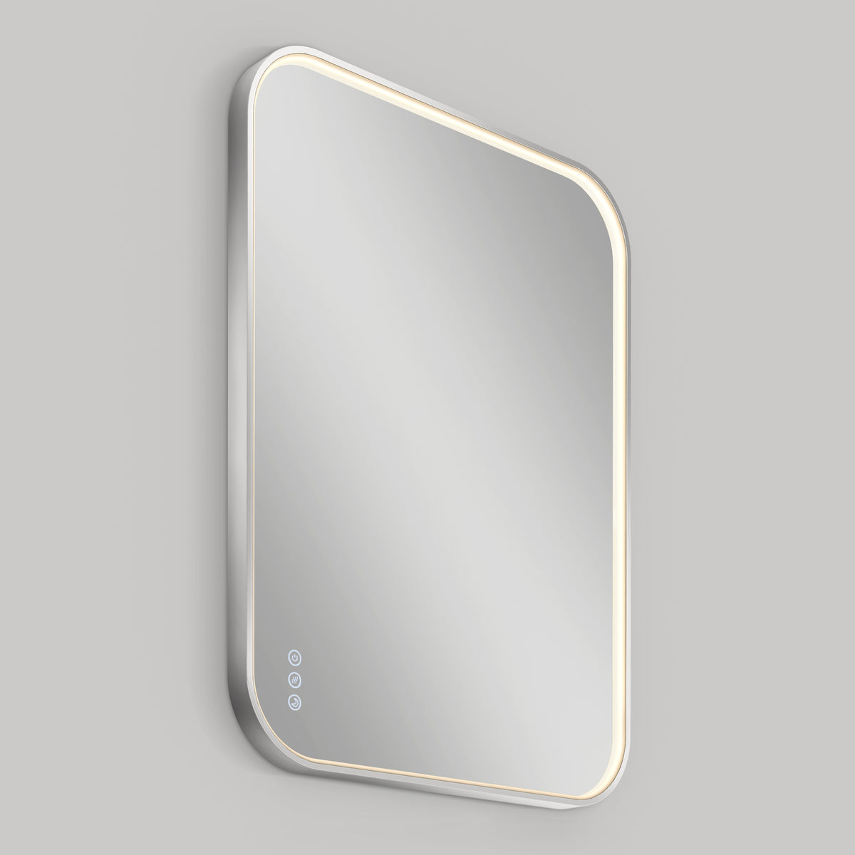 The Artika Royce Dimmable LED Mirror features a built-in LED light strip, adjustable 3 CCT lighting, and three touch buttons on the lower left; it can be mounted horizontally or vertically and is shown against a plain gray background.