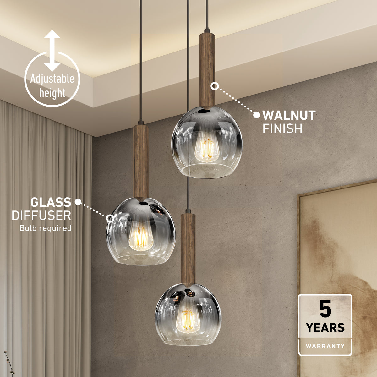The Artika Ardel Spiral 3-Light Pendant features adjustable heights, walnut finish stems, clear glass diffusers, and comes with a 5-year warranty—perfect for modern spaces.