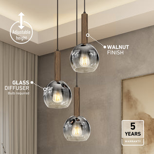 The Artika Ardel Spiral 3-Light Pendant features adjustable heights, walnut finish stems, clear glass diffusers, and comes with a 5-year warranty—perfect for modern spaces.