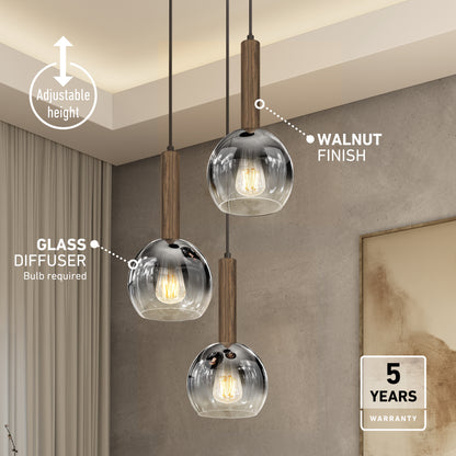 The Artika Ardel Spiral 3-Light Pendant features adjustable heights, walnut finish stems, clear glass diffusers, and comes with a 5-year warranty—perfect for modern spaces.