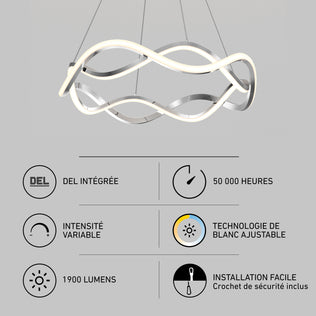 Artika Vanora LED pendant light 5 CCT: adjustable color temp, 1900 lumens, 50k-hour life; icons highlight features.