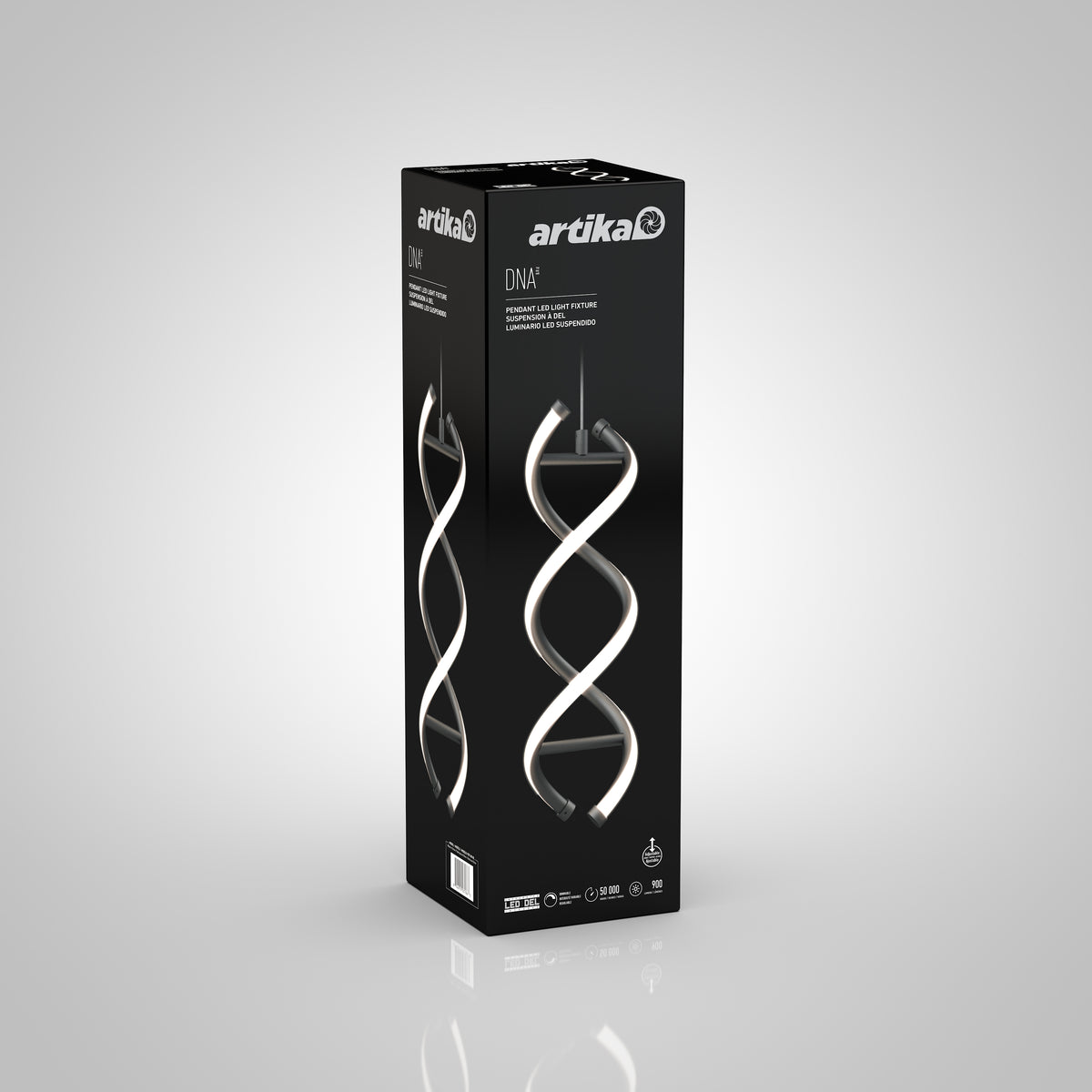 A black rectangular box with artika branding and an image of a modern, spiral-shaped LED pendant light named DNA displayed on the front. The packaging features white text and product details.