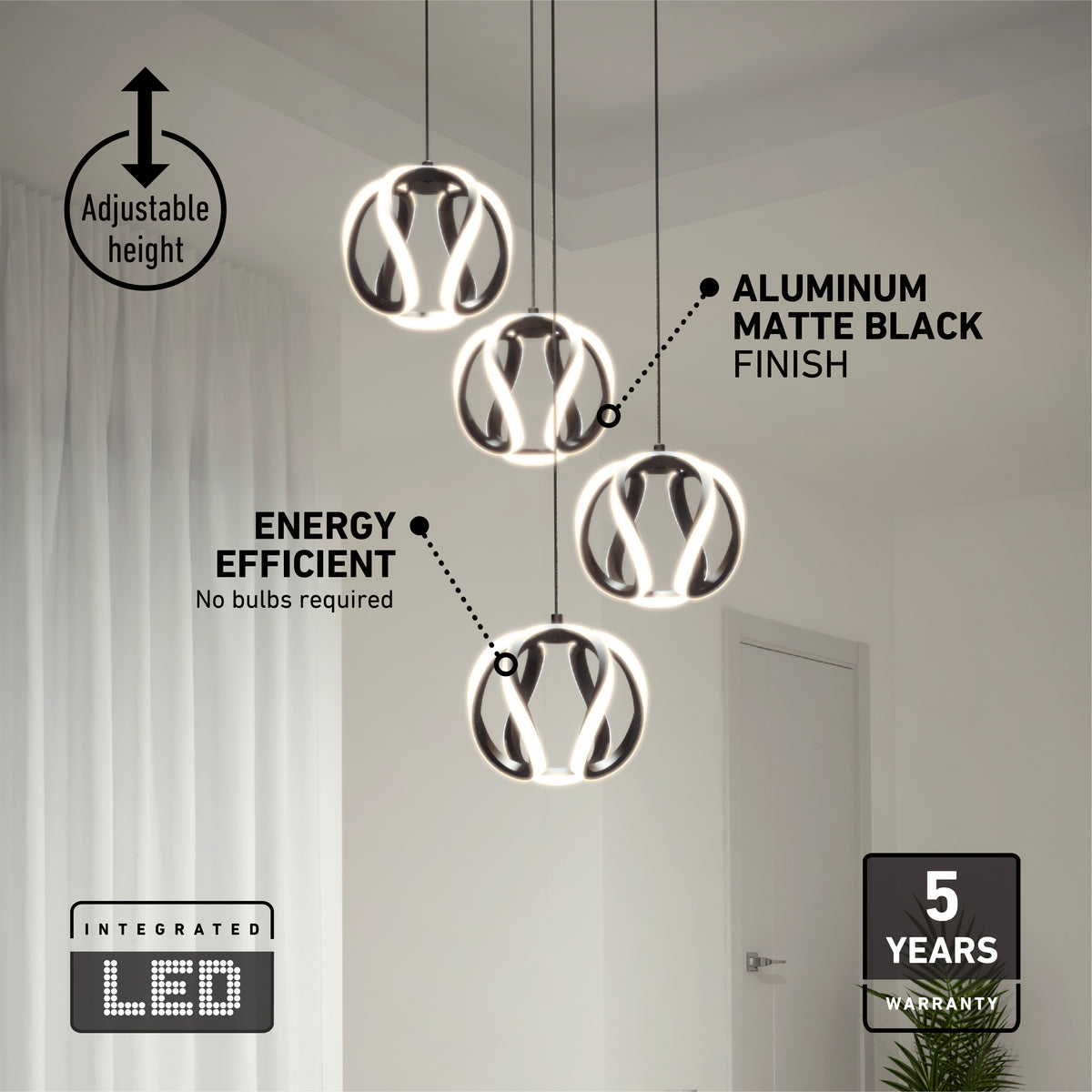 The Artika Vivaldi modern LED 4-light pendant 5 CCT features round matte black aluminum frames, integrated energy-efficient LEDs, adjustable height, a 5-year warranty, and is shown with white curtains in the background.