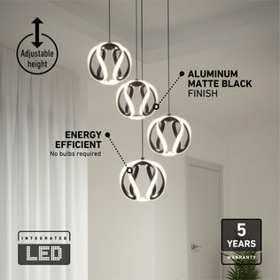 The Artika Vivaldi modern LED 4-light pendant 5 CCT features round matte black aluminum frames, integrated energy-efficient LEDs, adjustable height, a 5-year warranty, and is shown with white curtains in the background.