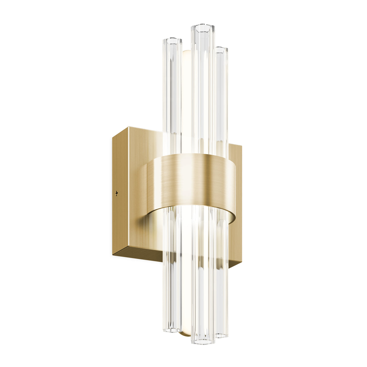 The Artika Dorado Contemporary LED Wall Sconce features a rectangular gold base and four clear glass rods with a central curved gold band, offering sleek, modern style—ideal as a luxury lighting fixture for any space.