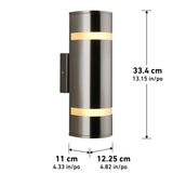A cylindrical wall sconce light with a brushed metal finish and two illuminated horizontal bands. Dimensions are 33.4 cm tall, 12.25 cm wide, and 11 cm deep. Metric and inch measurements are shown.