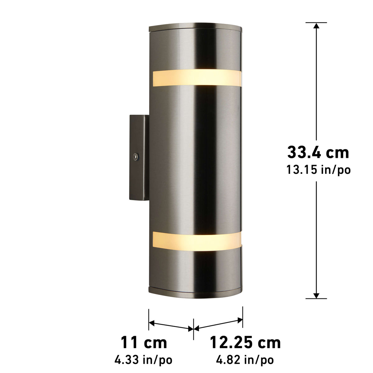 The Artika Q1 indoor-outdoor wall light features a brushed metal cylindrical design with two glowing light bands, mounted on a rectangular base. Dimensions: 33.4 cm H x 12.25 cm W x 11 cm D (13.15” x 4.82” x 4.33”).
