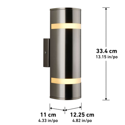 The Artika Q1 indoor-outdoor wall light features a brushed metal cylindrical design with two glowing light bands, mounted on a rectangular base. Dimensions: 33.4 cm H x 12.25 cm W x 11 cm D (13.15” x 4.82” x 4.33”).