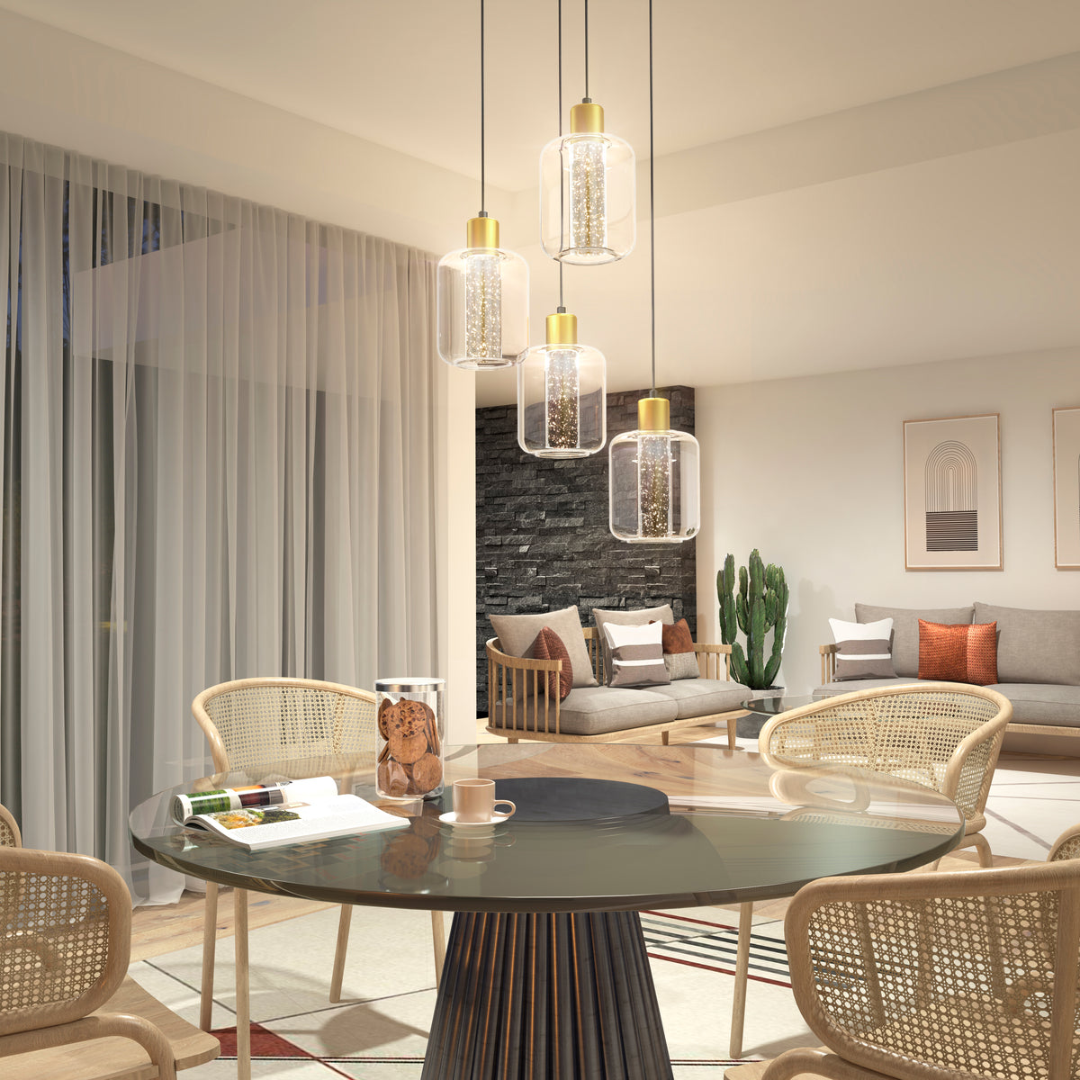 A modern dining area with a round glass table, rattan chairs, and hanging pendant lights. In the background, a cozy living space features a sofa, indoor plants, and wall art, with sheer curtains on large windows.