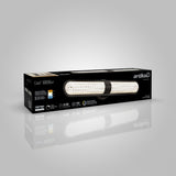 A black rectangular box with a picture of an LED vanity light on the front, labeled artika Carat, featuring gold and white accents and product information on the packaging.