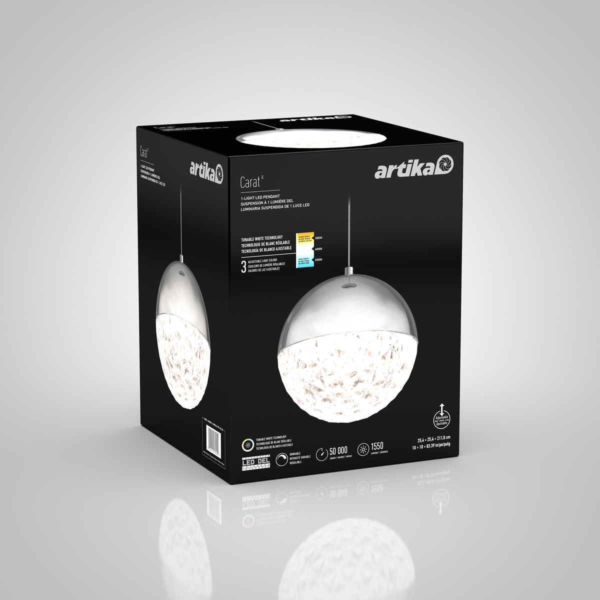 A black product box featuring the Artika Catat pendant light, with an image of the spherical, silver and crystal-accented light fixture on the front, product details, and branding visible.