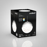 A black product box featuring the Artika Catat pendant light, with an image of the spherical, silver and crystal-accented light fixture on the front, product details, and branding visible.