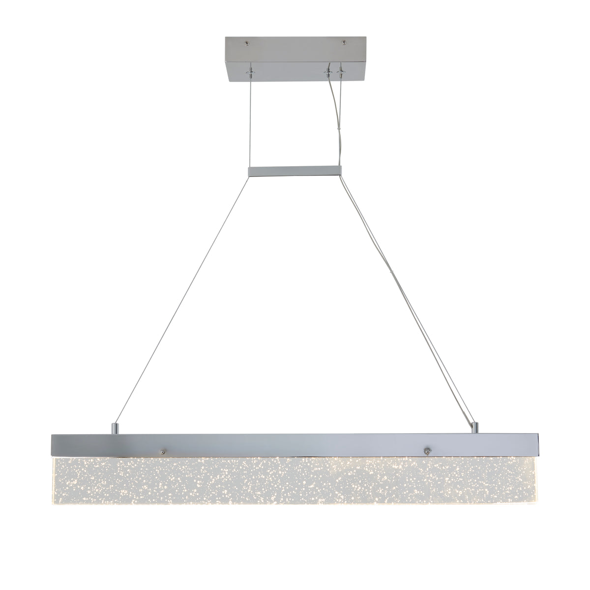 A modern rectangular pendant light with a silver metal frame, suspended by two wires. The light features a textured, frosted glass bar that emits a soft, even glow.