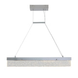 A modern rectangular pendant light with a silver metal frame, suspended by two wires. The light features a textured, frosted glass bar that emits a soft, even glow.