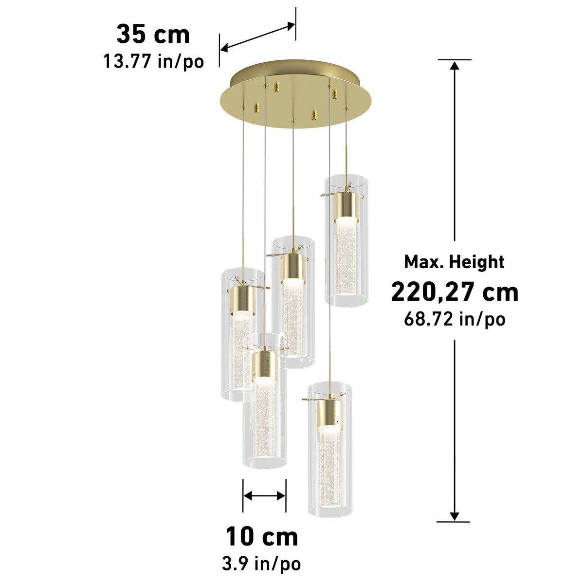 A modern gold ceiling pendant light with five cylindrical glass shades, each hanging from a round gold base. Dimensions shown: 35 cm wide, 10 cm shade diameter, and max height of 220.27 cm.