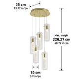 A modern gold ceiling pendant light with five cylindrical glass shades, each hanging from a round gold base. Dimensions shown: 35 cm wide, 10 cm shade diameter, and max height of 220.27 cm.