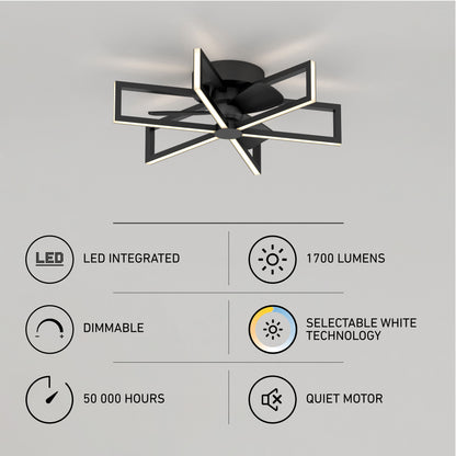 The Artika Swirl 26 in. LED modern ceiling fan features a geometric light fixture, 3 speeds, remote control, 1700 lumens, dimmable selectable white LED (50,000-hour lifespan), and a quiet motor—shown on a white ceiling.