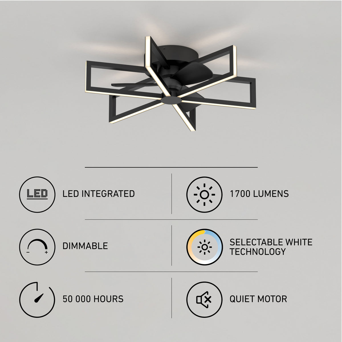 Modern ceiling fan with geometric LED light design. Feature icons indicate LED integration, 1700 lumens, dimmable, selectable white technology, 50,000 hours lifespan, and quiet motor on a light gray background.