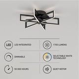 Modern ceiling fan with geometric LED light design. Feature icons indicate LED integration, 1700 lumens, dimmable, selectable white technology, 50,000 hours lifespan, and quiet motor on a light gray background.