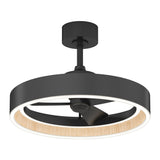 A modern ceiling fan with a circular black frame, integrated LED light ring, wooden accent on the inner edge, and three black blades inside a semi-flush mount design.