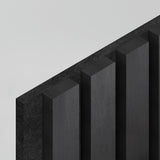 Close-up of a black, rectangular, slatted panel with vertical ridges on a light grey background, showing a modern, minimalist geometric design.