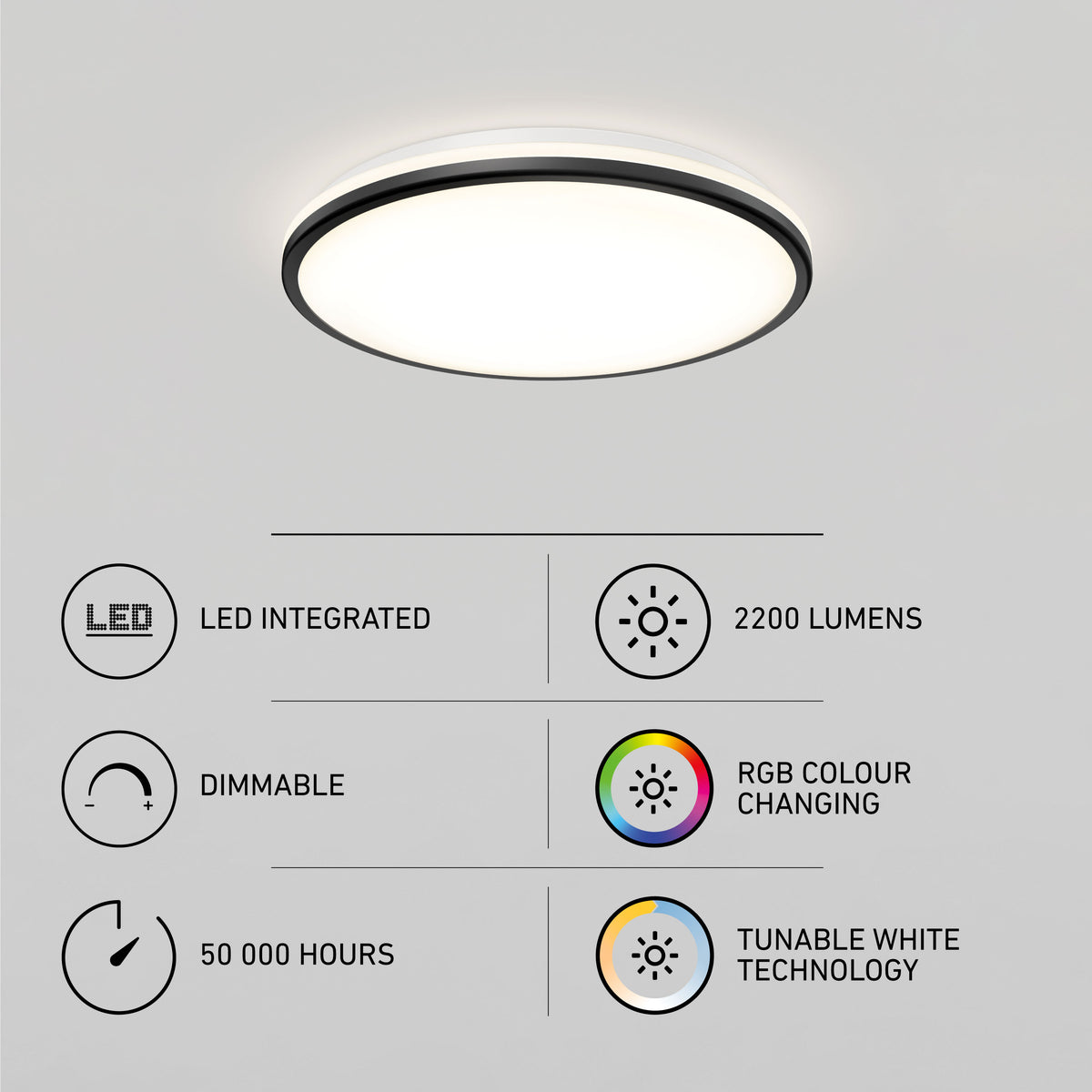 Artika Macy 15 in. RGB WiFi flush mount: LED, 2200 lumens, dimmable, 50K hrs, tunable white, Alexa compatible.