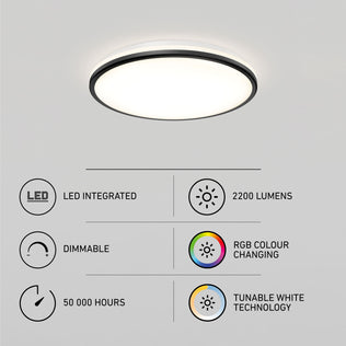 Artika Macy 15 in. RGB WiFi flush mount: LED, 2200 lumens, dimmable, 50K hrs, tunable white, Alexa compatible.