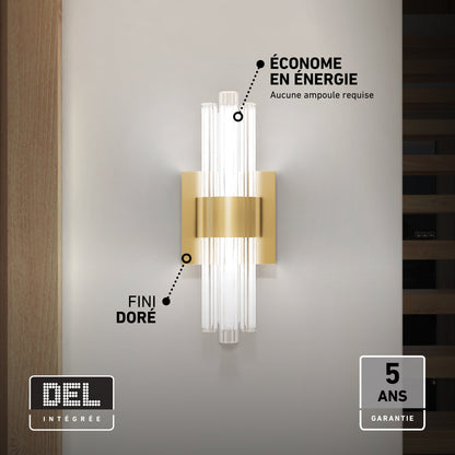 Artika Dorado contemporary LED wall sconce 3 CCT in gold with vertical glass tubes, energy-efficient with a 5-year warranty.