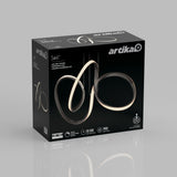 A black box for the Artika Swirl LED light fixture, featuring an image of the modern, twisting light design on the front, with product information and branding visible.