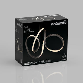 A black box for the Artika Swirl LED pendant light displays the modern looping fixture image on front, along with key product details and specifications such as brightness and lifespan.
