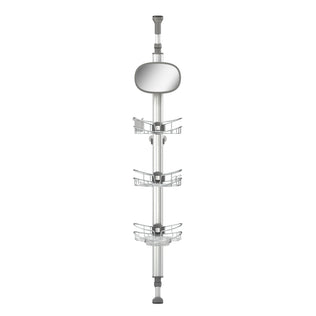 The Artika Neptune shower caddy with mirror and 3 baskets is rust-resistant, tension-mounted with an adjustable pole, non-slip end caps, three wire shelves, and a small rectangular mirror for secure shower storage.