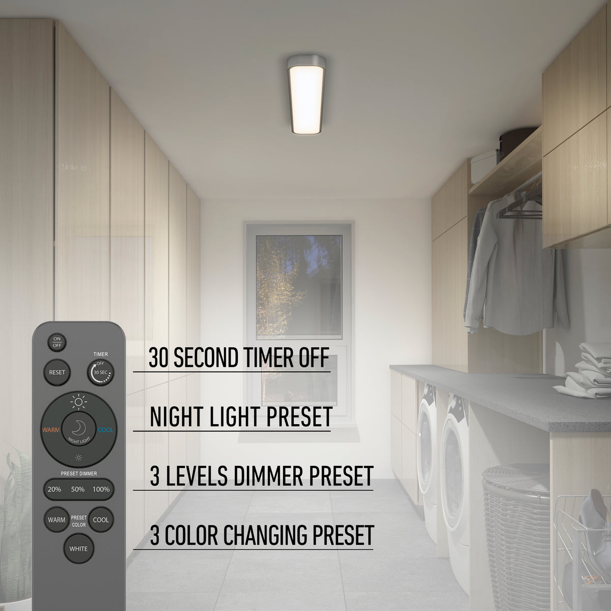 A modern laundry room with wooden cabinets, washer and dryer, ceiling light, and a window. An inset shows a remote control with settings: timer, dimmer, night light, and color changing presets.