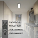 A modern laundry room with wooden cabinets, washer and dryer, ceiling light, and a window. An inset shows a remote control with settings: timer, dimmer, night light, and color changing presets.