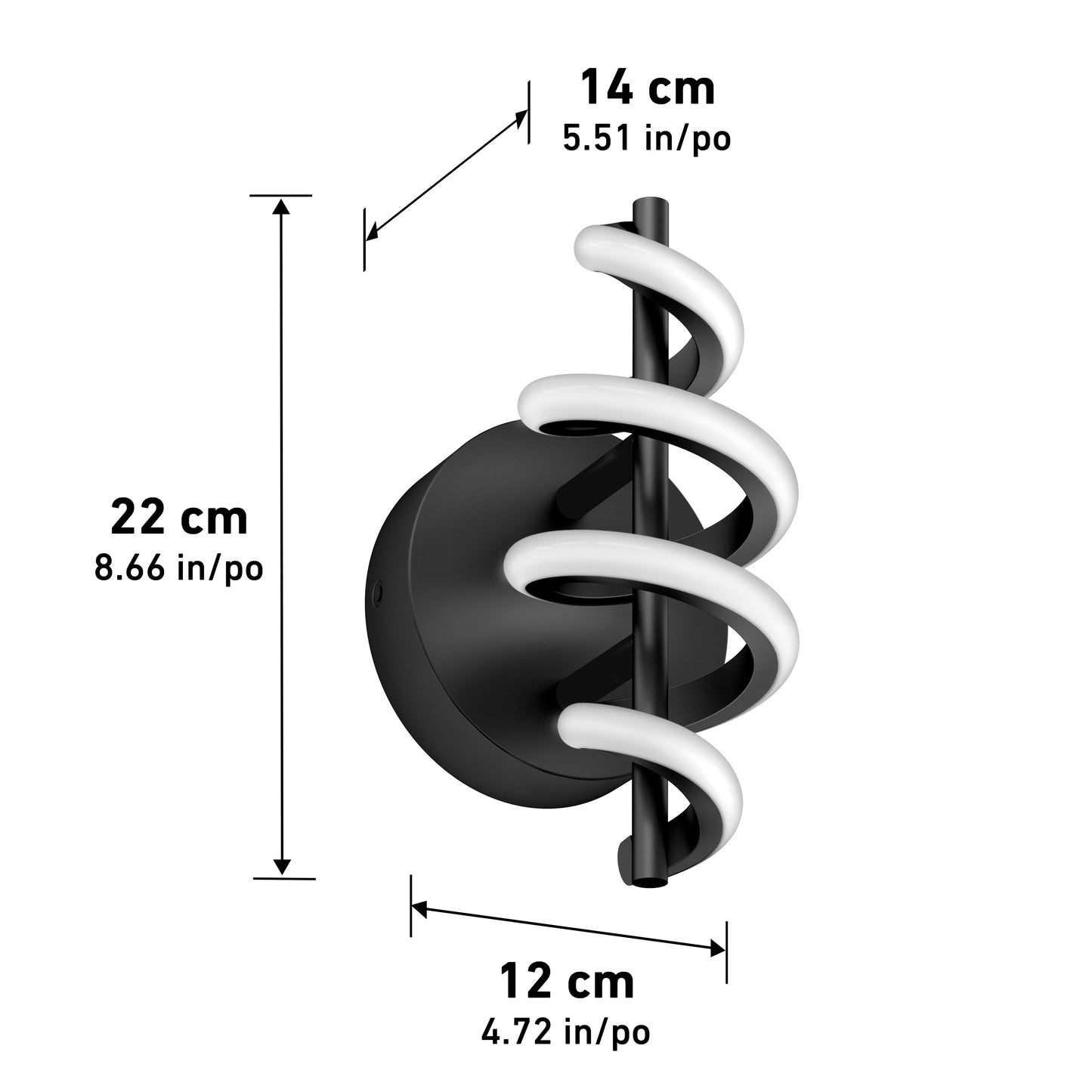 The Artika Chorus LED Wall Light features a modern black design with a spiral white LED tube, shown from the side. Dimensions: 22 cm (H) x 14 cm (W) x 12 cm (D), with inch equivalents provided.