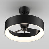A modern ceiling fan with three black blades, enclosed in a circular black frame with an integrated LED light, mounted on a white ceiling.