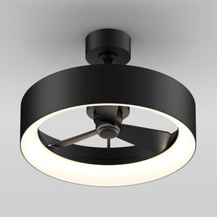 The Artika Aiden 24 in. LED modern ceiling fan features a circular black frame, integrated LED light ring, three blades, and three speeds, all controlled by remote—perfect for mounting on a white ceiling.
