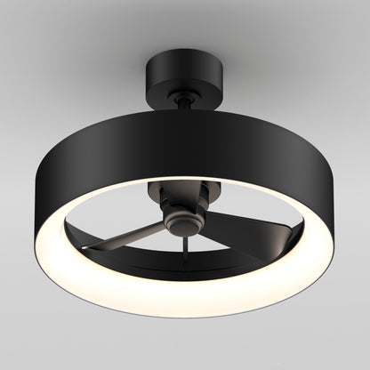 The Artika Aiden 24 in. LED modern ceiling fan features a circular black frame, integrated LED light ring, three blades, and three speeds, all controlled by remote—perfect for mounting on a white ceiling.