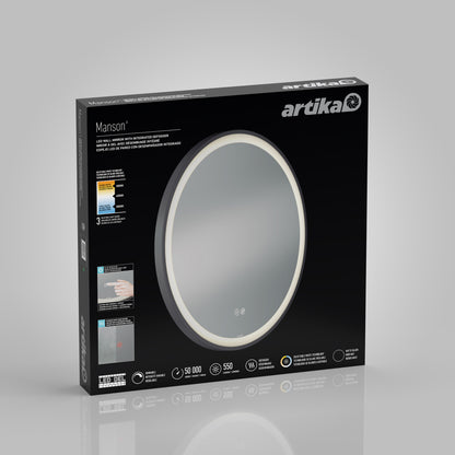 Artika Mateo 28 in. LED mirror with defogger, 3 CCT, and touch controls in sleek black packaging.