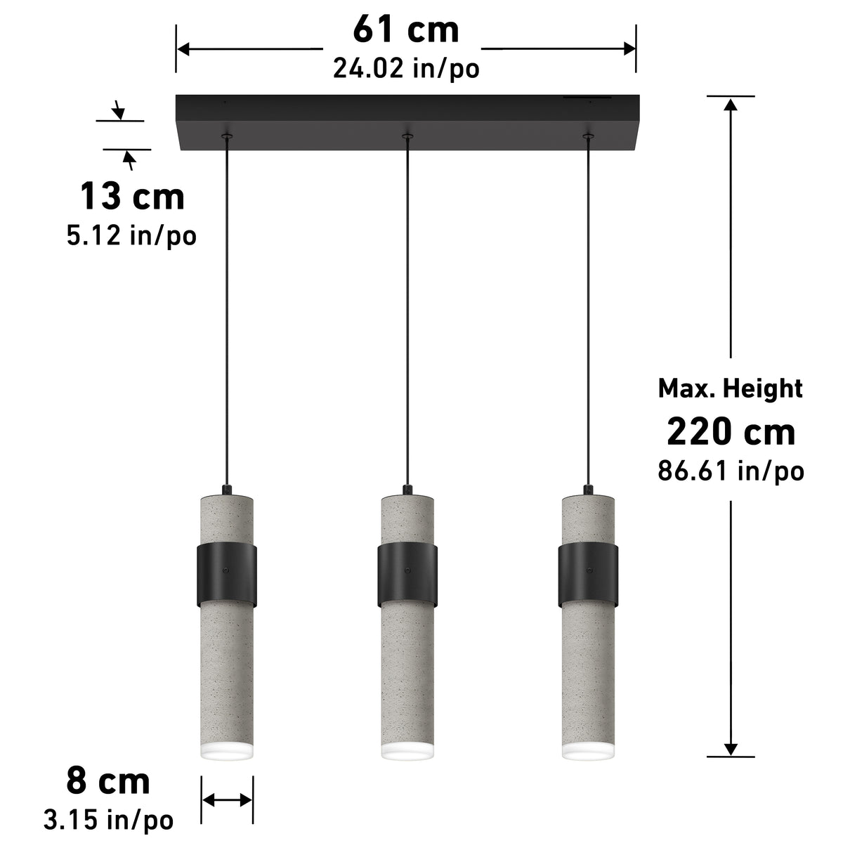 The Artika Barden 3-light LED pendant features three cylindrical lights hanging at varied heights from a rectangular ceiling mount (61 cm wide), each pendant 13 cm tall, 8 cm wide, and max fixture height of 220 cm. All dimensions labeled.