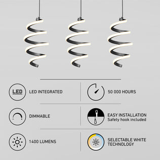 Three Artika Chorus 3-light LED pendant lights hang above icons showing key features: 5 CCT selectable white, integrated LED, 50,000-hour lifespan, dimmable, easy installation, and 1,400 lumens.