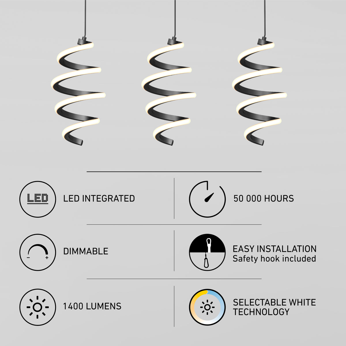 Three modern spiral pendant lights hang above icons highlighting features: LED integrated, 50,000 hours lifespan, dimmable, easy installation, 1400 lumens, and selectable white technology.