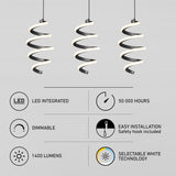 Three modern spiral pendant lights hang above icons highlighting features: LED integrated, 50,000 hours lifespan, dimmable, easy installation, 1400 lumens, and selectable white technology.